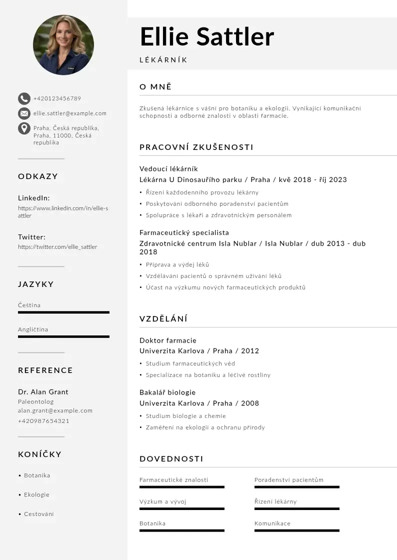 Mūsdienīga Zivotopisu lekarnika CV veidne