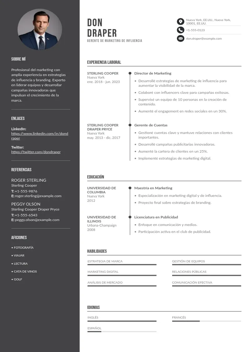 two column gerente-de-marketing-de-influencia resume example