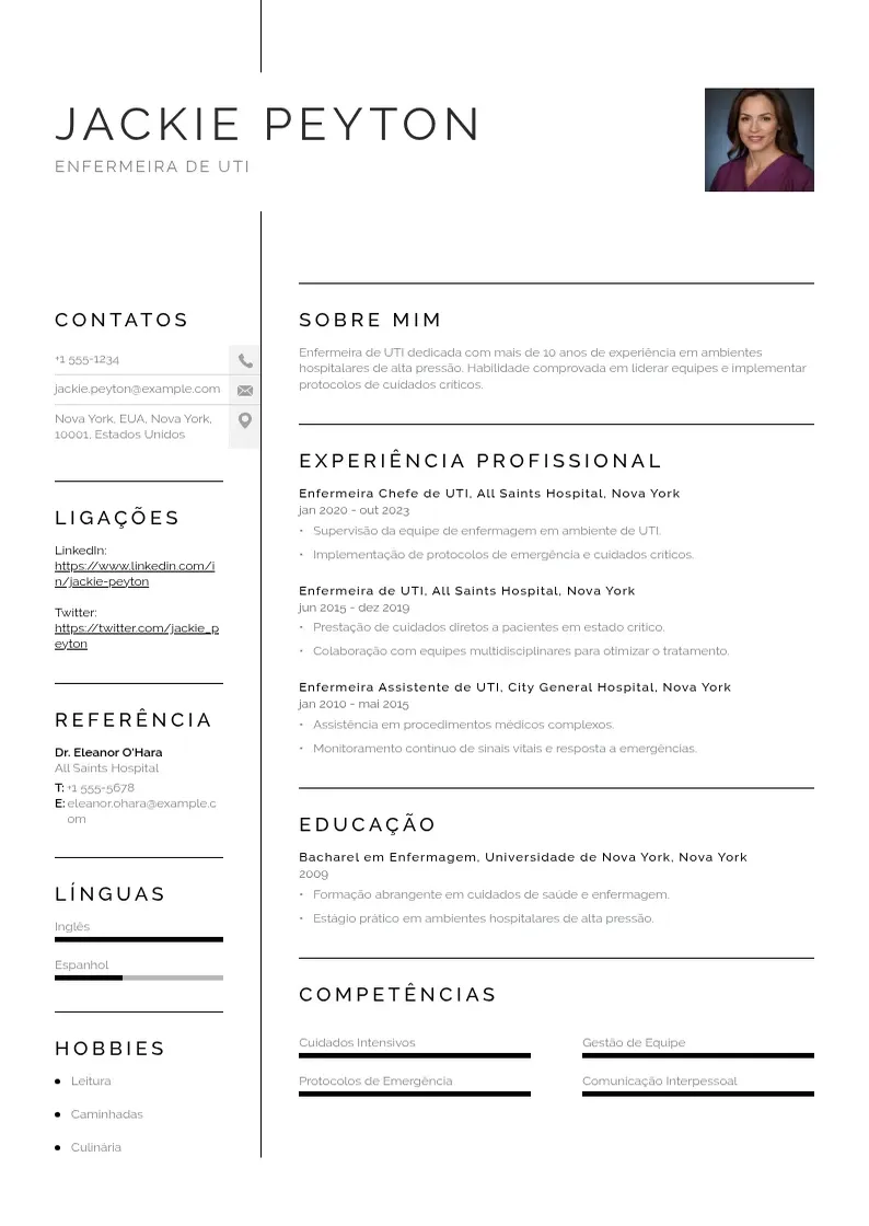 Exemplo de currículo simples de De enfermeira de uti