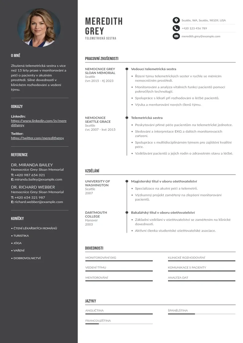 Divu kolonnu Telemetrická sestra  CV piemērs