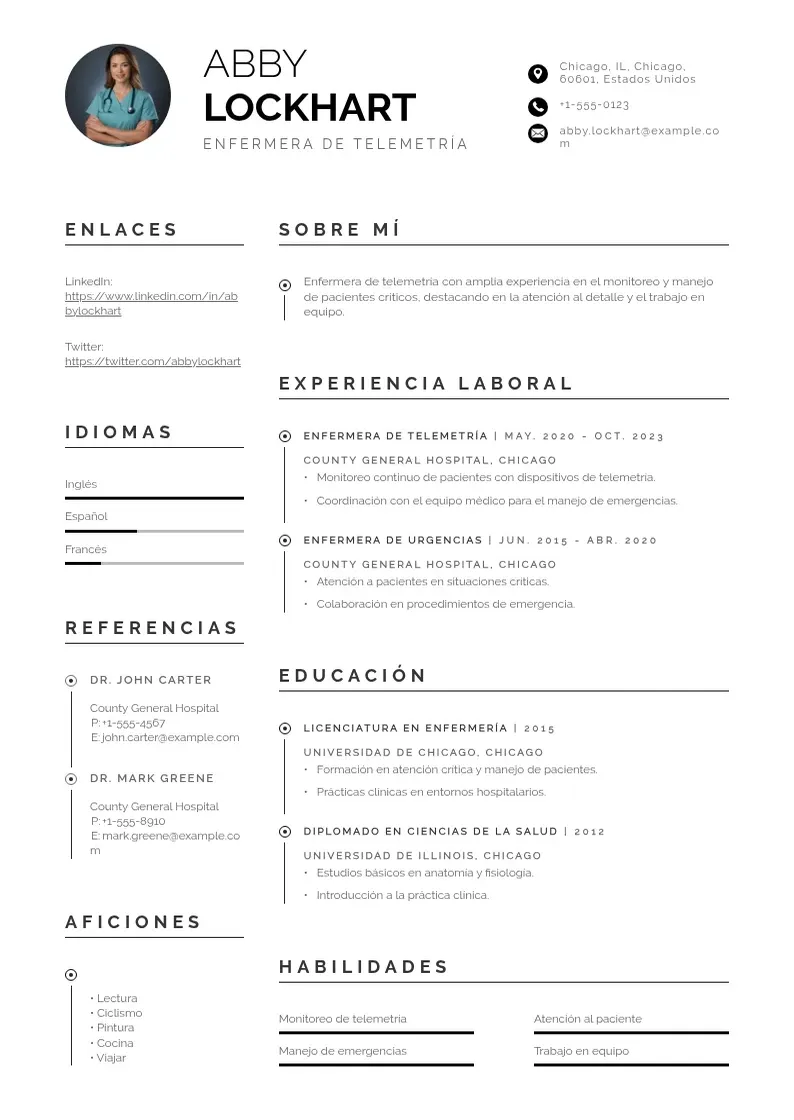 two column cv-enfermera-de-telemetria resume example