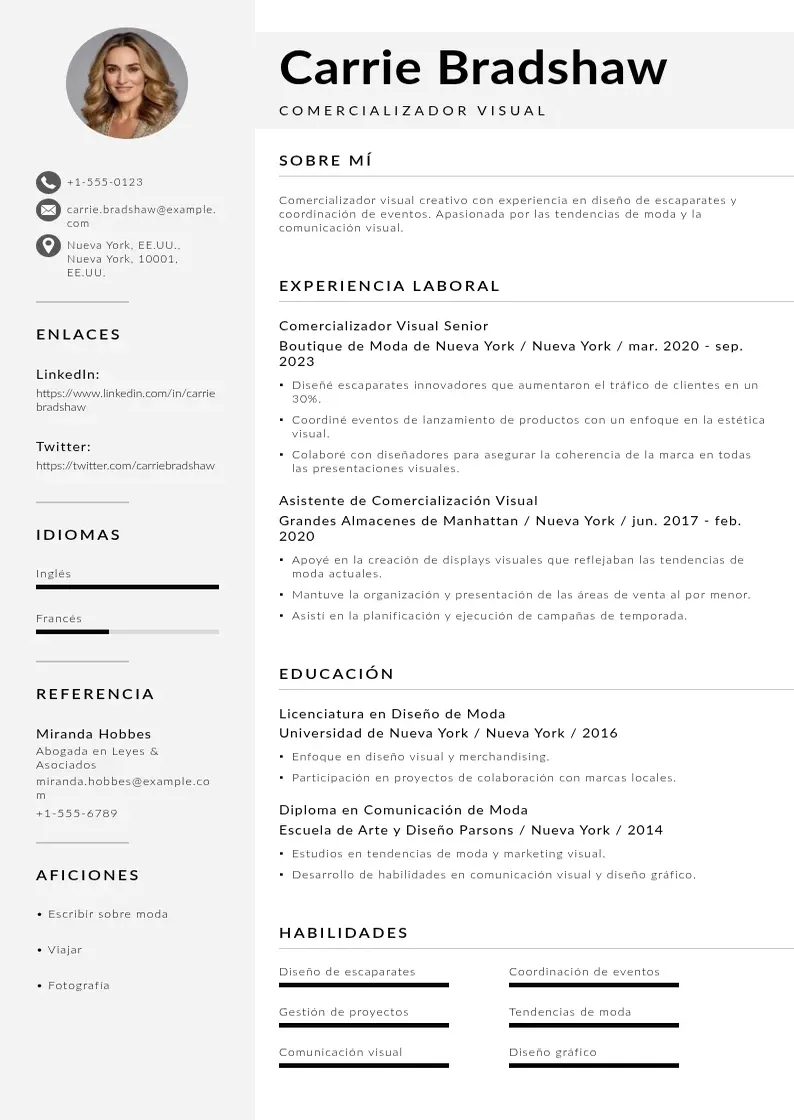two column cv-comercializador-visual resume example
