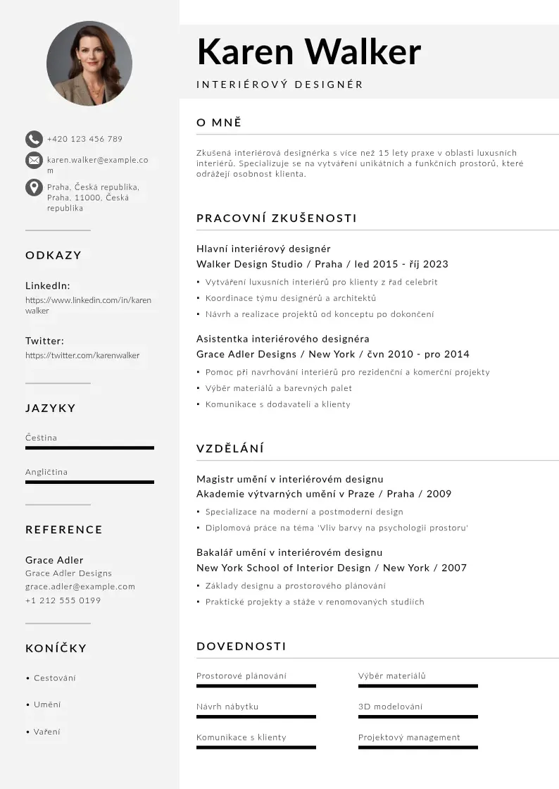 Mūsdienīga Zivotopis interieroveho designera CV veidne