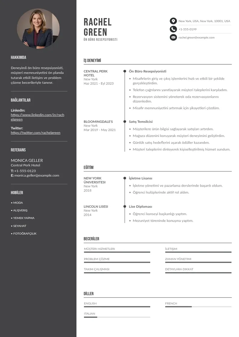 Divu kolonnu Ön büro resepsiyonisti  CV piemērs