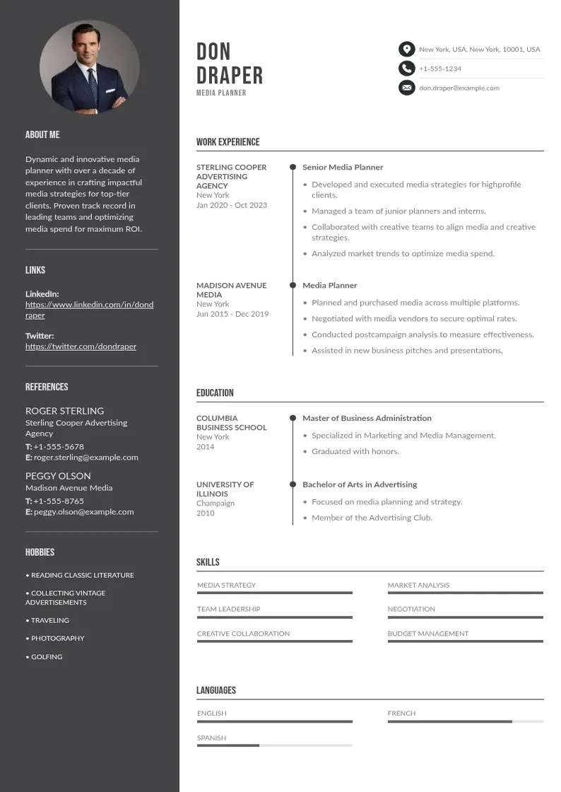two column media-planner-resume resume example