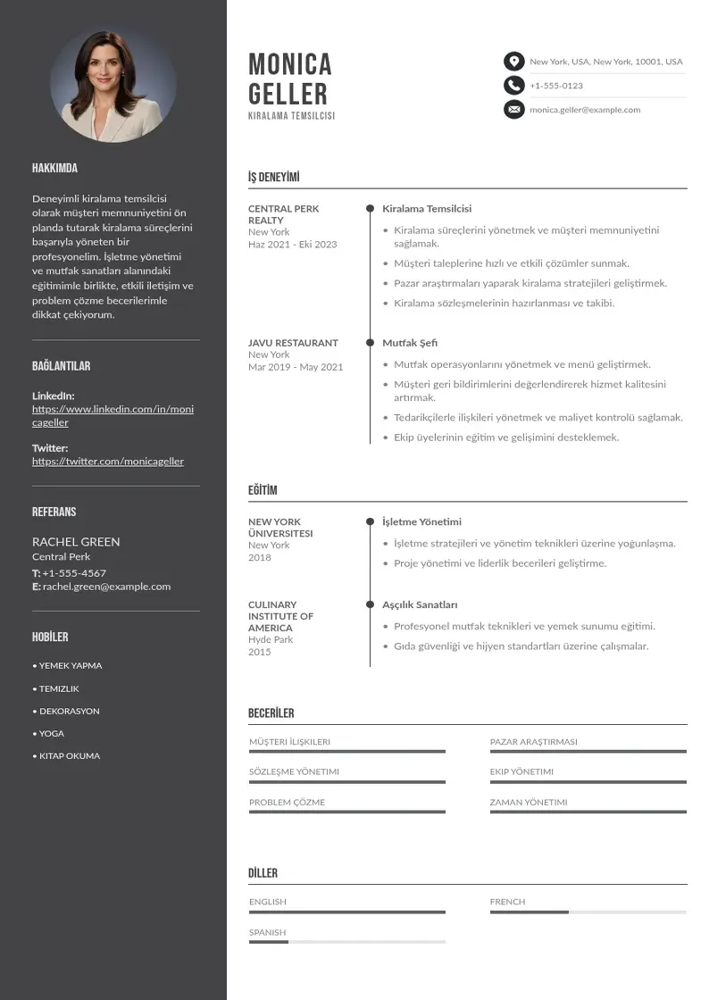 Divu kolonnu Kiralama Temsilcisi  CV piemērs