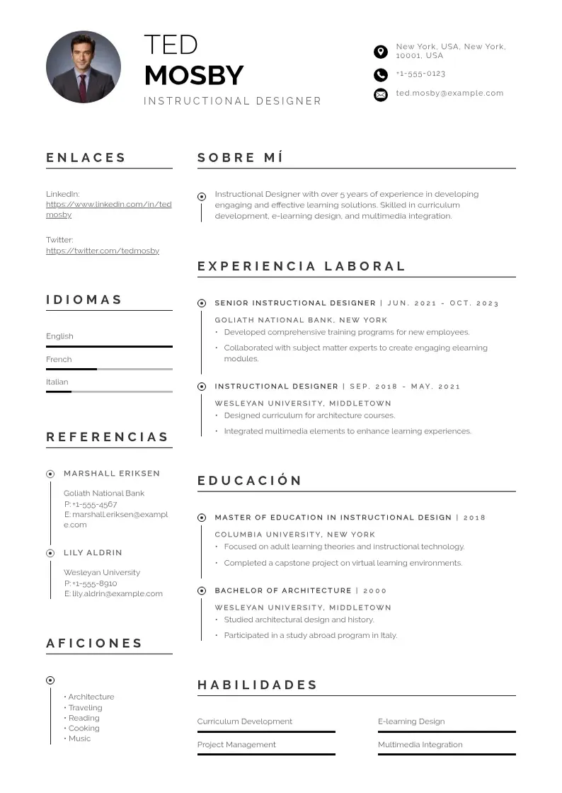 two column cv-disenador-instruccional resume example