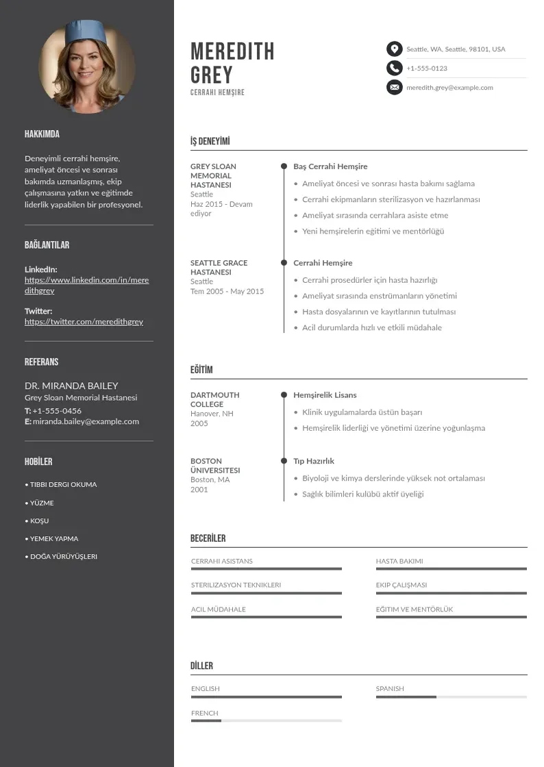 Divu kolonnu cerrahi hemşire  CV piemērs