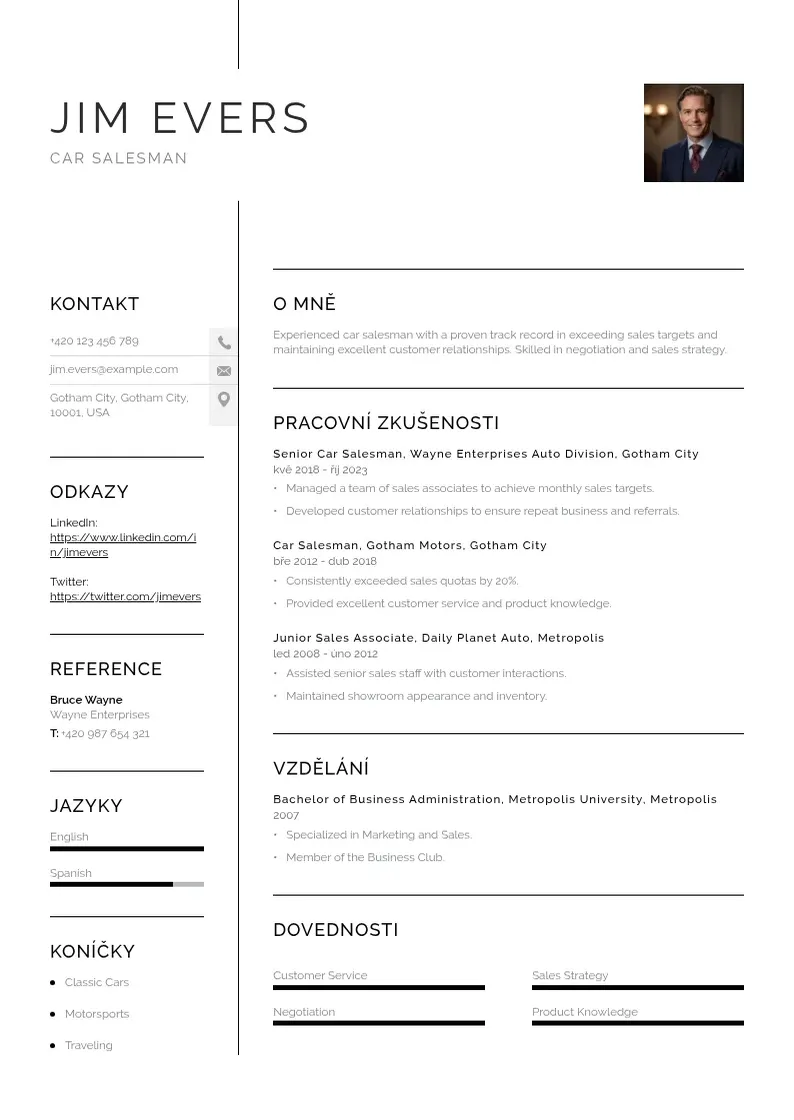 Vienkārša Prodejce automobilu zivotopis CV piemērs
