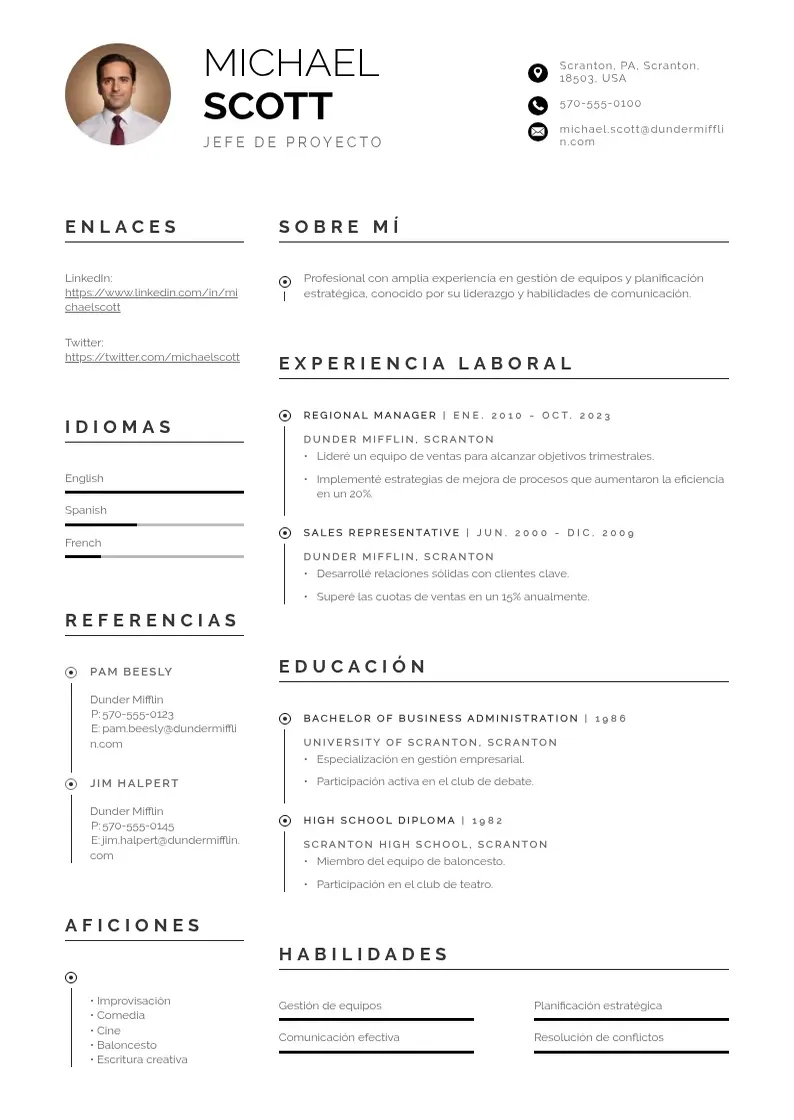two column jefe-de-proyecto resume example