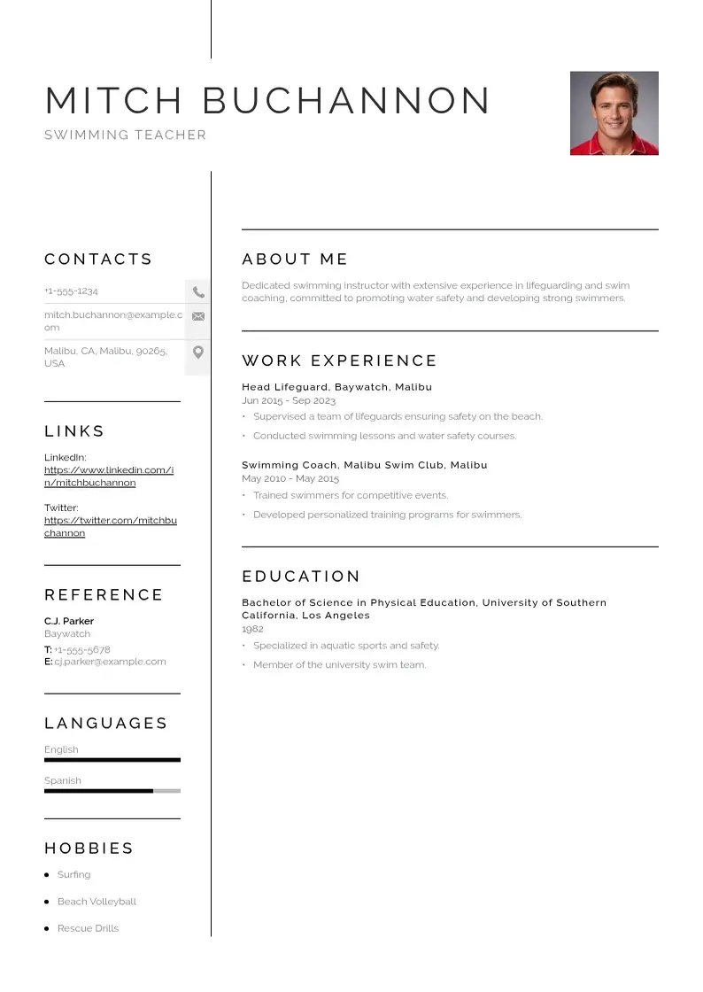 simple Swimming teacher resume resume example