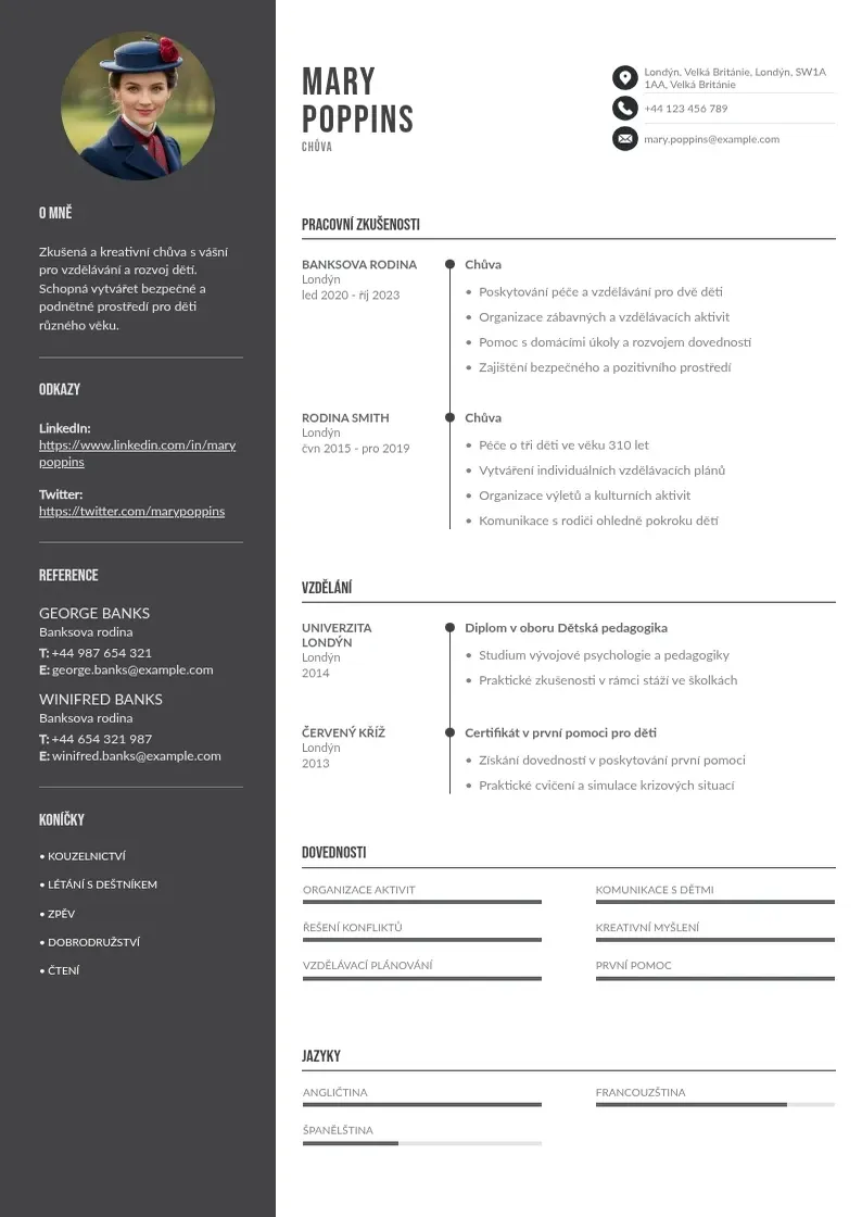 Divu kolonnu Hlidani deti CV piemērs