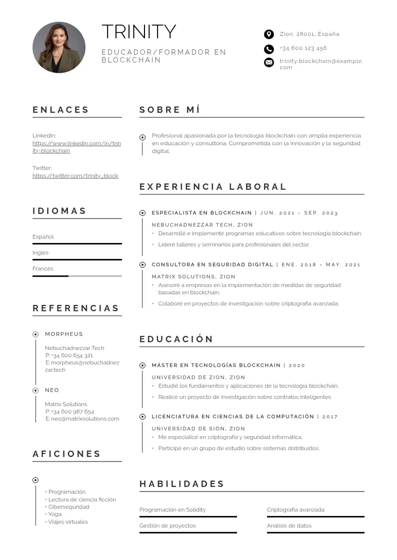 two column educadorformador-en-blockchain resume example