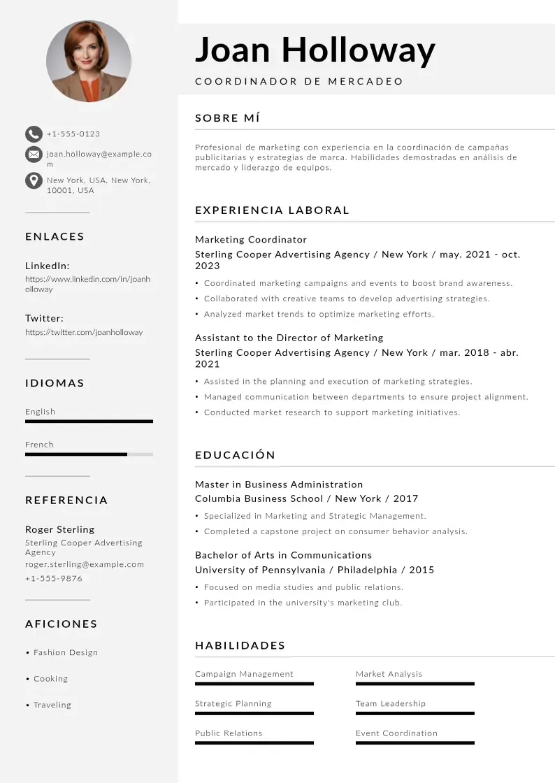 two column cv-coordinador-de-mercadeo resume example