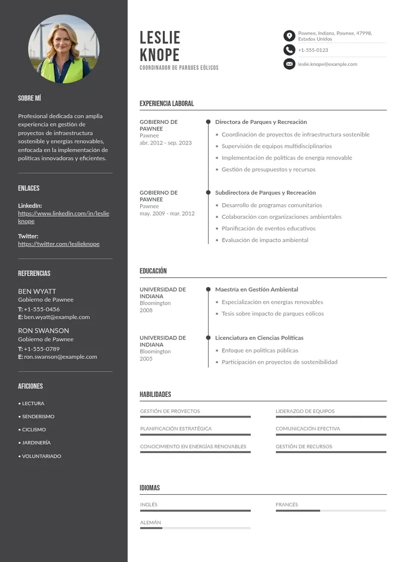 two column coordinador-de-parques-eolicos resume example