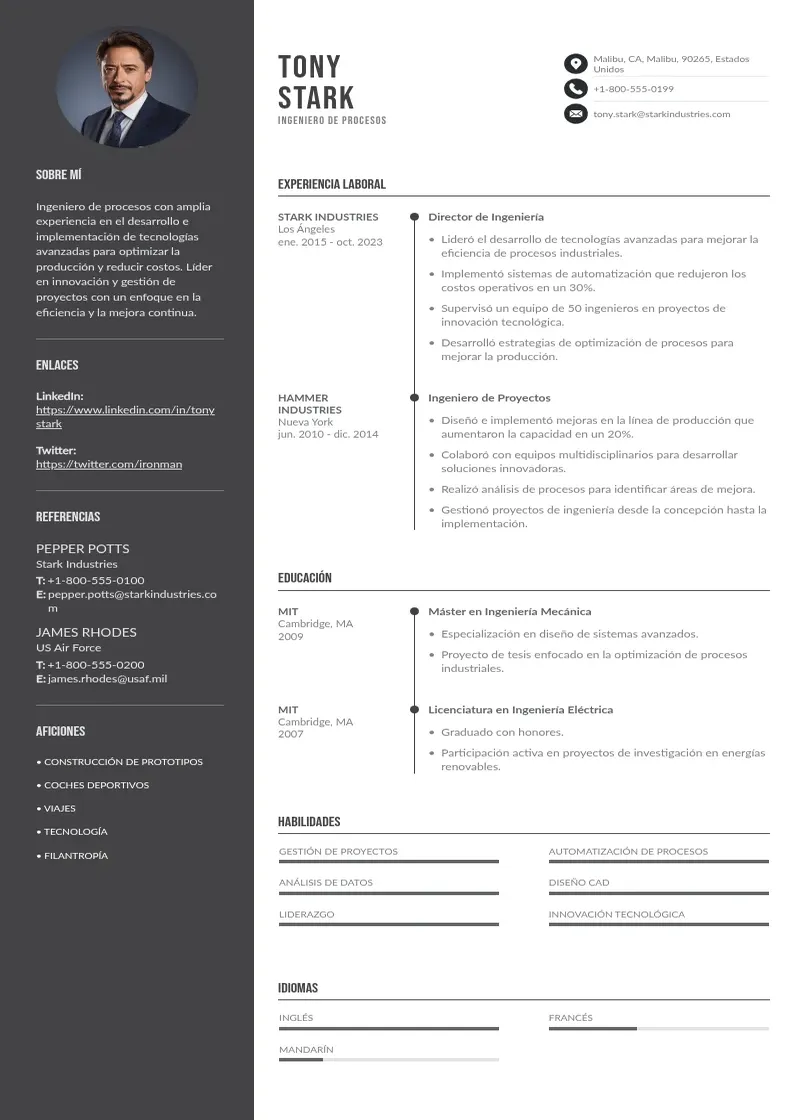 two column cv-ingeniero-de-procesos resume example