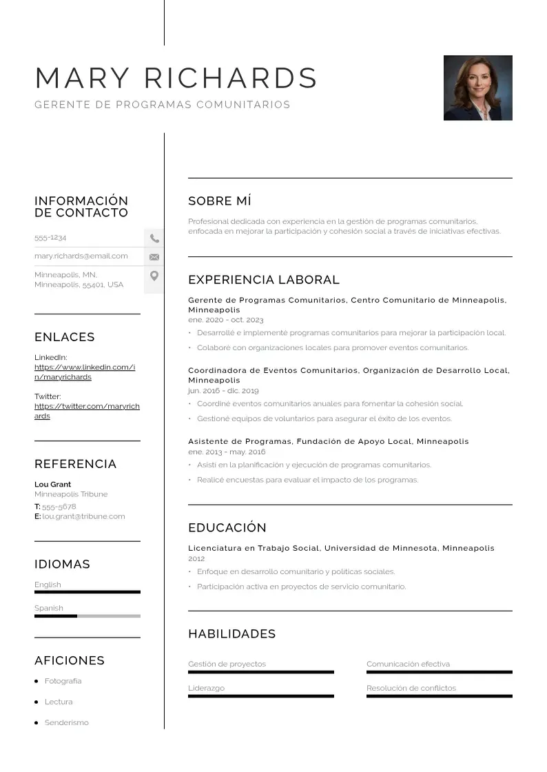 two column gerente-de-programas-comunitarios resume example