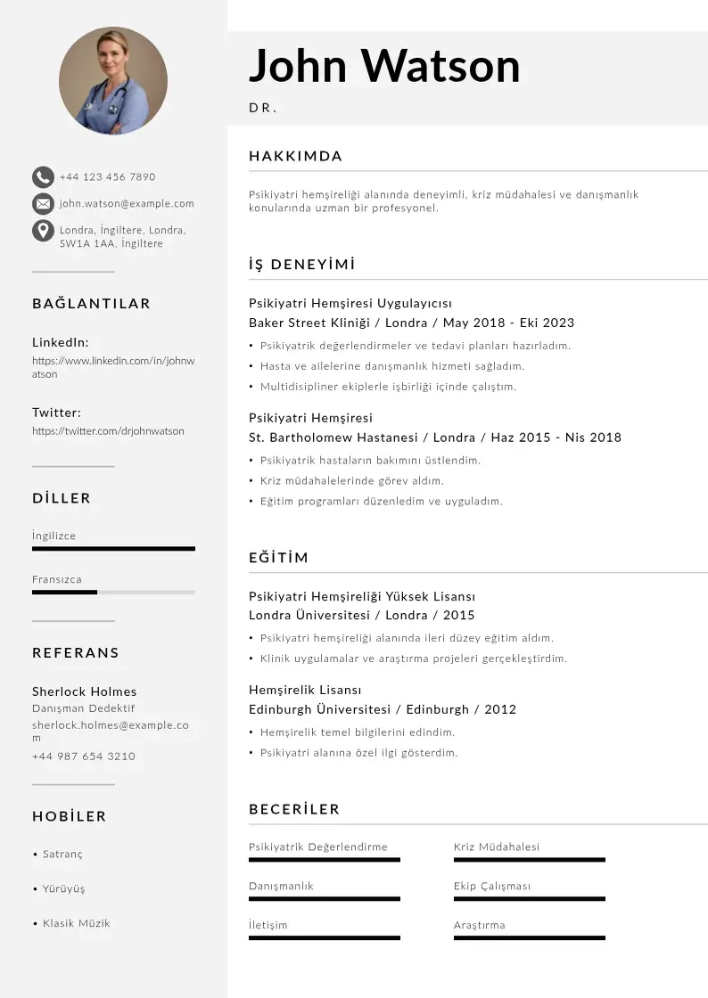 Mūsdienīga Psikiyatri Hemşiresi Uygulayıcısı  CV veidne