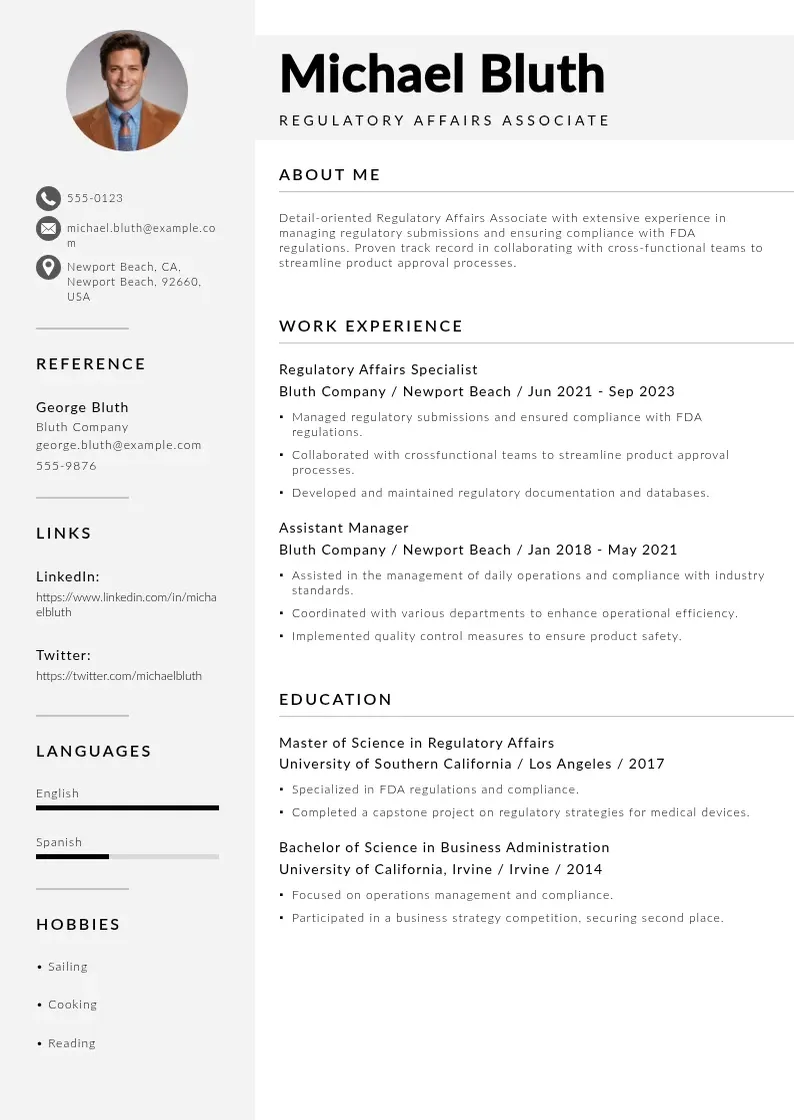 modern Regulatory affairs associate resume resume template