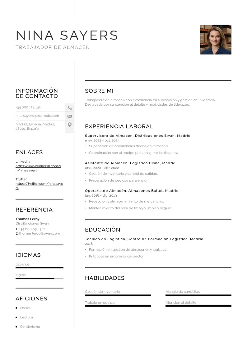 two column cv-trabajador-de-almacen resume example