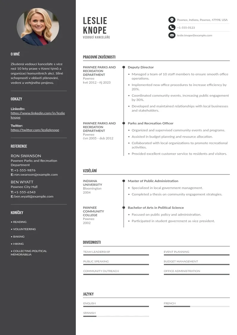 Divu kolonnu Vedouci kancelare zivotopis CV piemērs