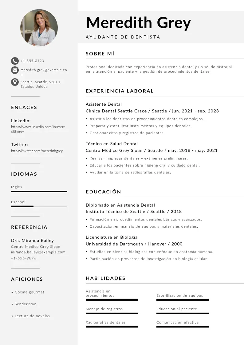 two column cv-ayudante-de-dentista resume example