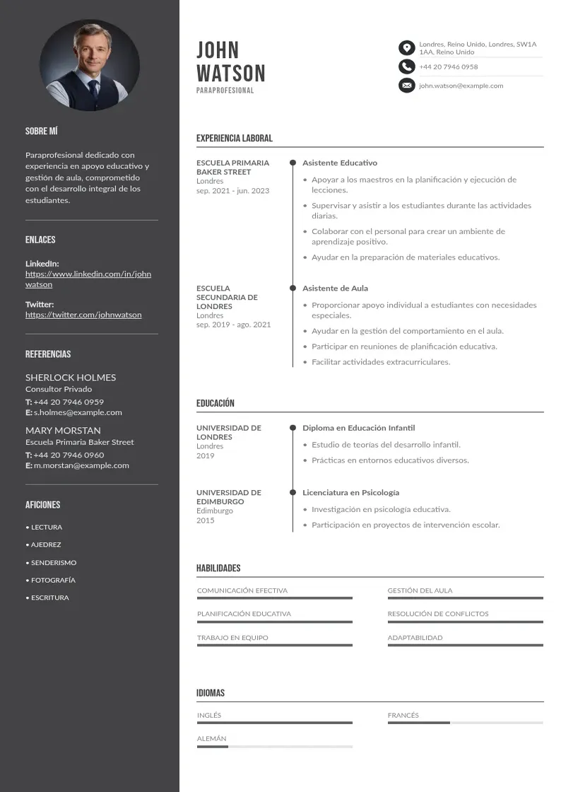 two column cv-paraprofesional resume example