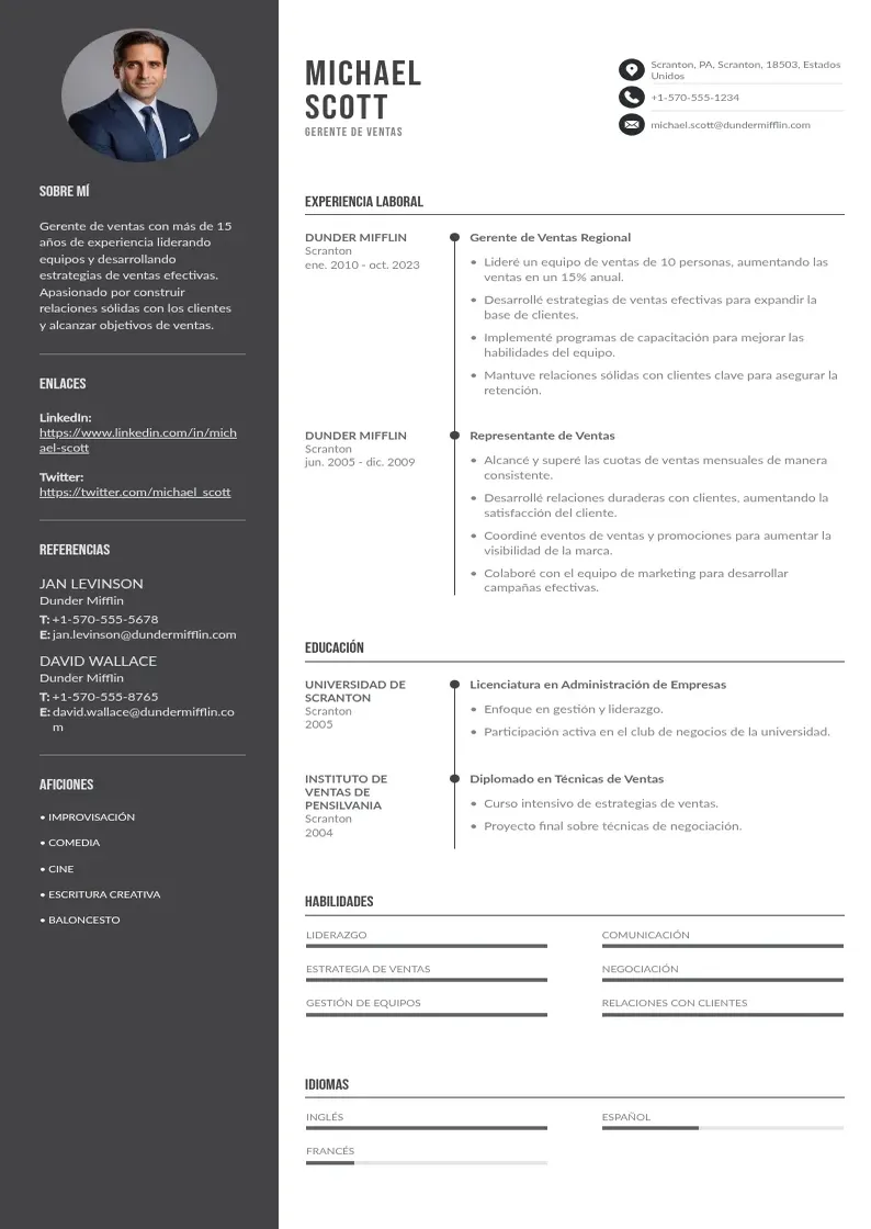 two column cv-gerente-de-ventas resume example