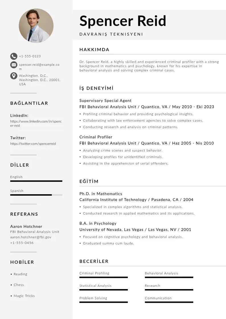 Mūsdienīga Davranış Teknisyeni  CV veidne