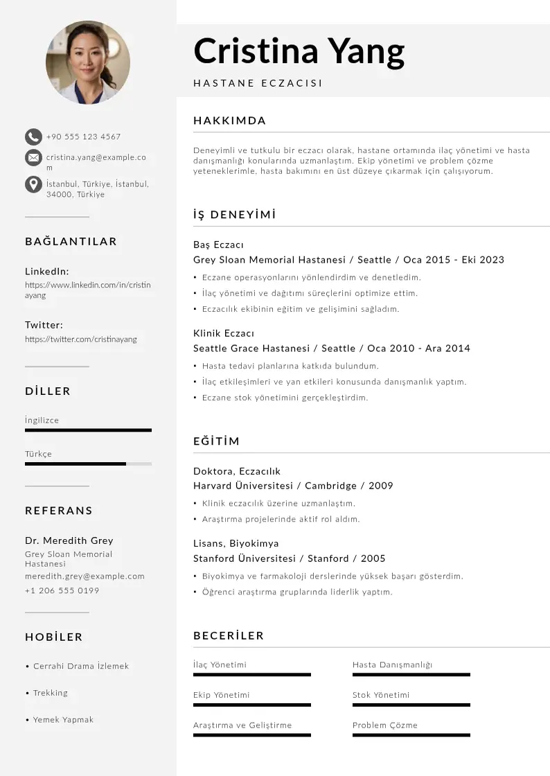 Mūsdienīga Hastane Eczacısı  CV veidne