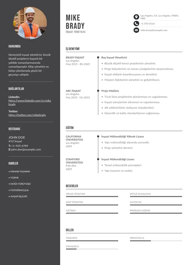 Divu kolonnu İnşaat yöneticisi  CV piemērs
