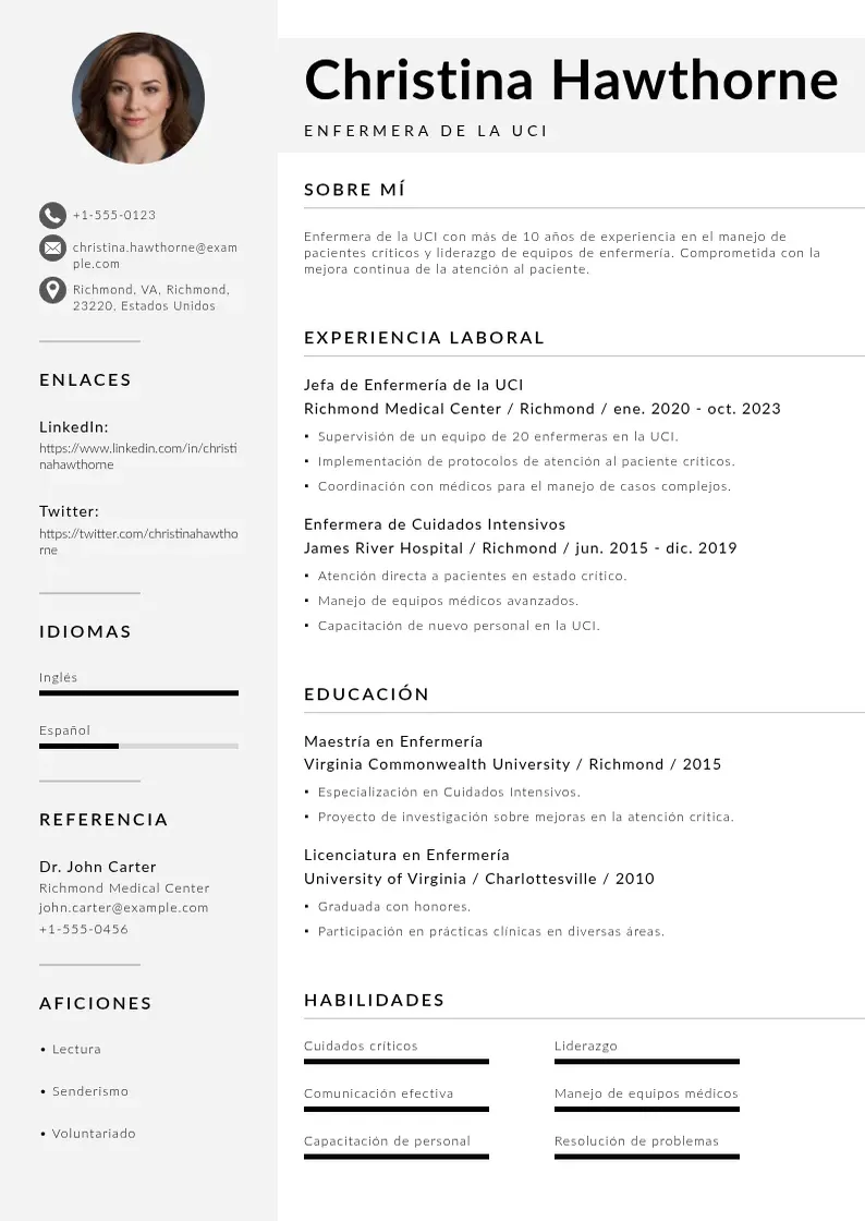 two column cv-enfermera-de-la-uci resume example