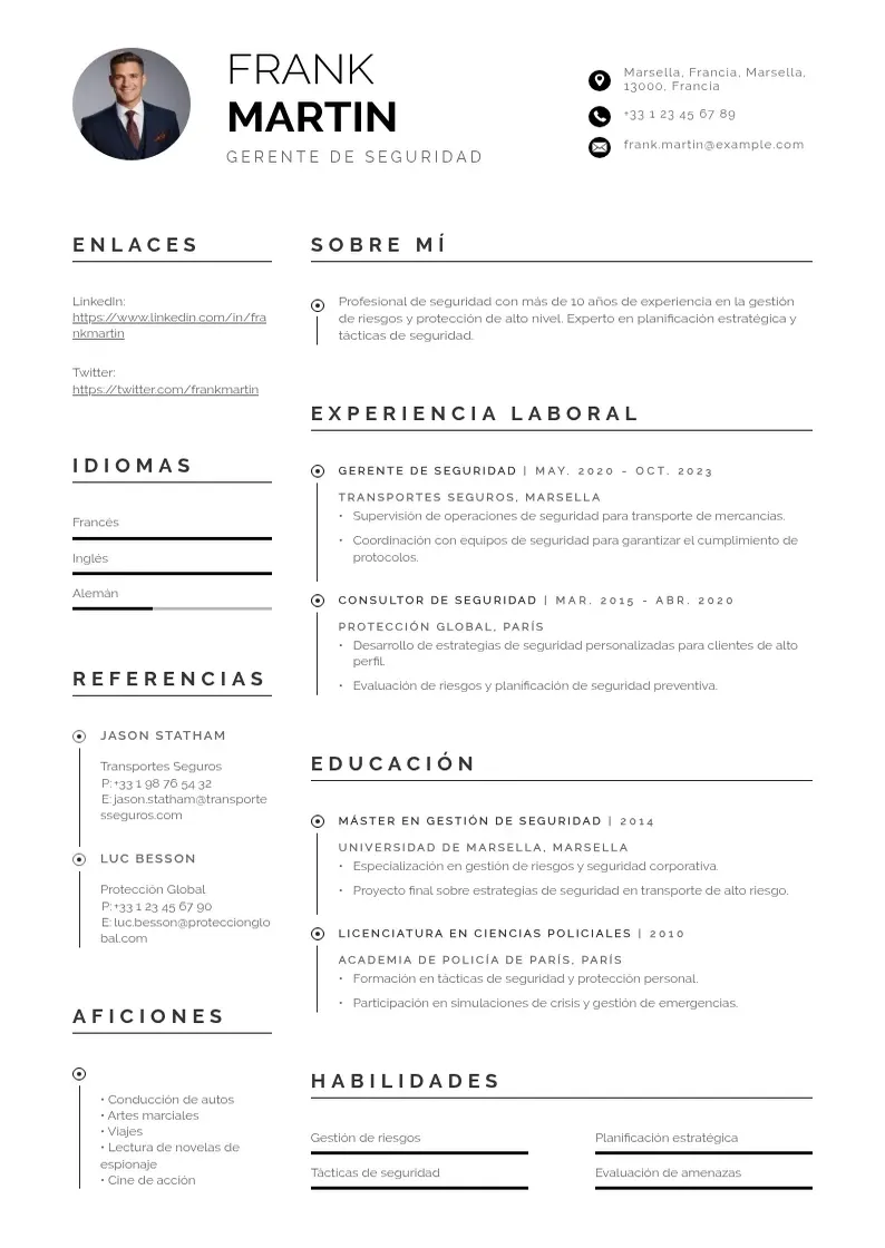 two column gerente-de-seguridad resume example