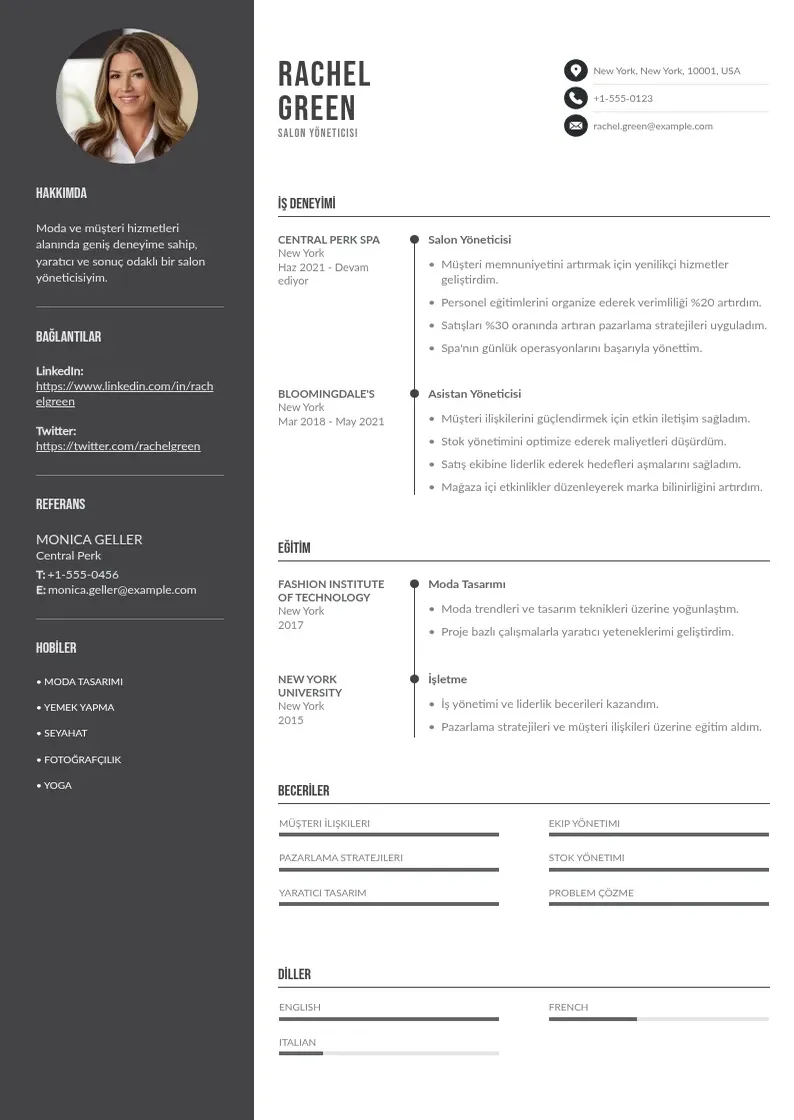Divu kolonnu Salon Yöneticisi  CV piemērs