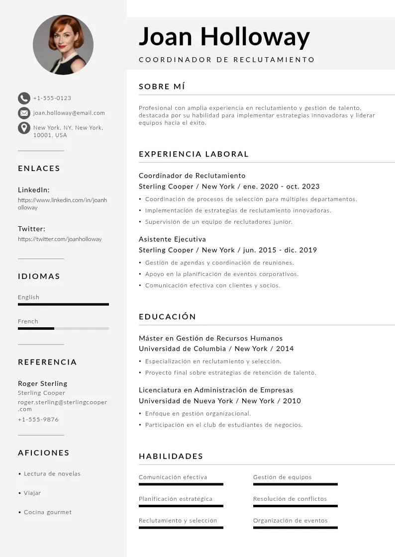 two column coordinador-de-reclutamiento resume example