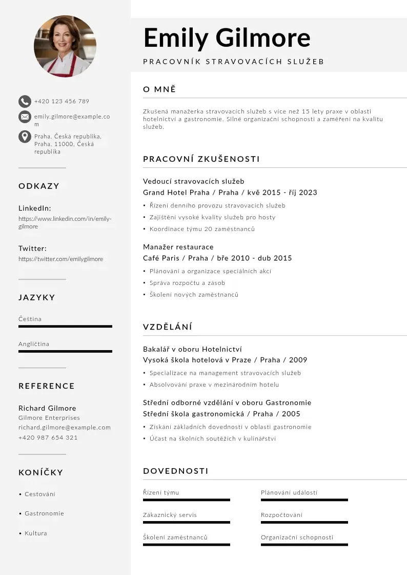 Mūsdienīga Pracovnik stravovacich sluzeb zivotopis CV veidne