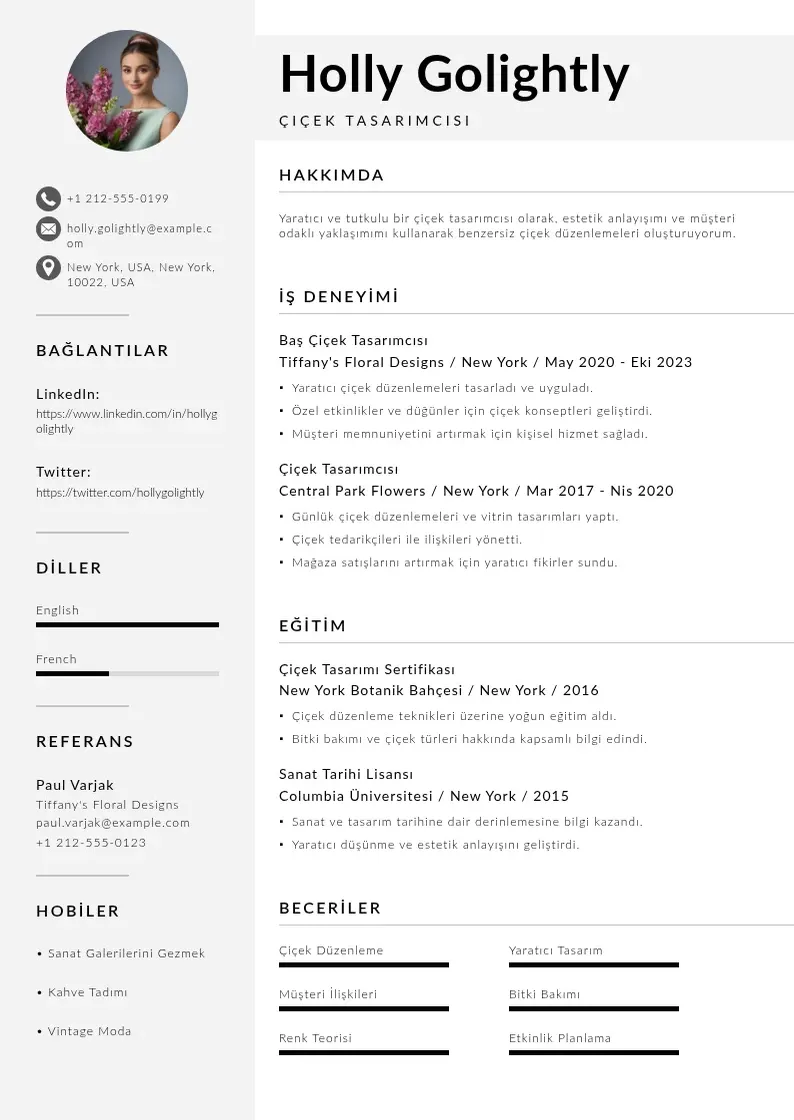 Mūsdienīga Çiçek Tasarımcısı  CV veidne