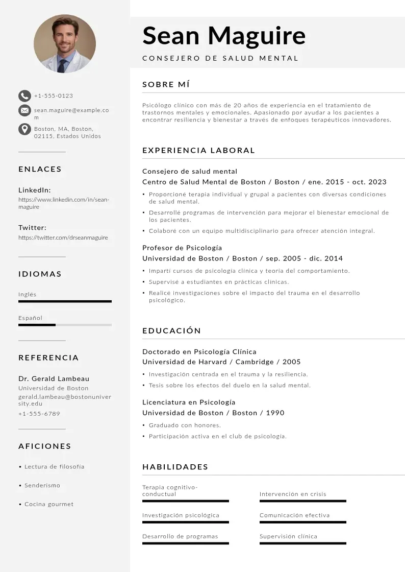 two column cv-consejero-de-salud-mental resume example