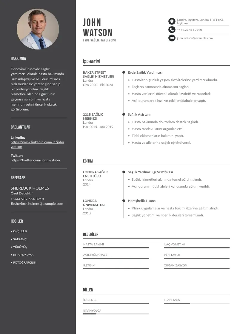 Divu kolonnu Evde Sağlık Yardımcısı  CV piemērs