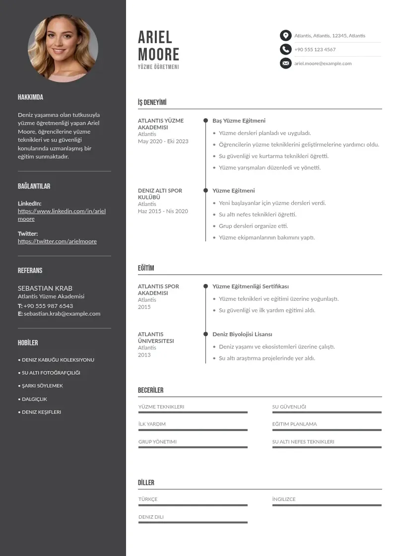 Divu kolonnu Yüzme öğretmeni  CV piemērs