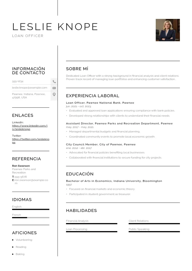 two column cv-oficial-de-prestamo resume example