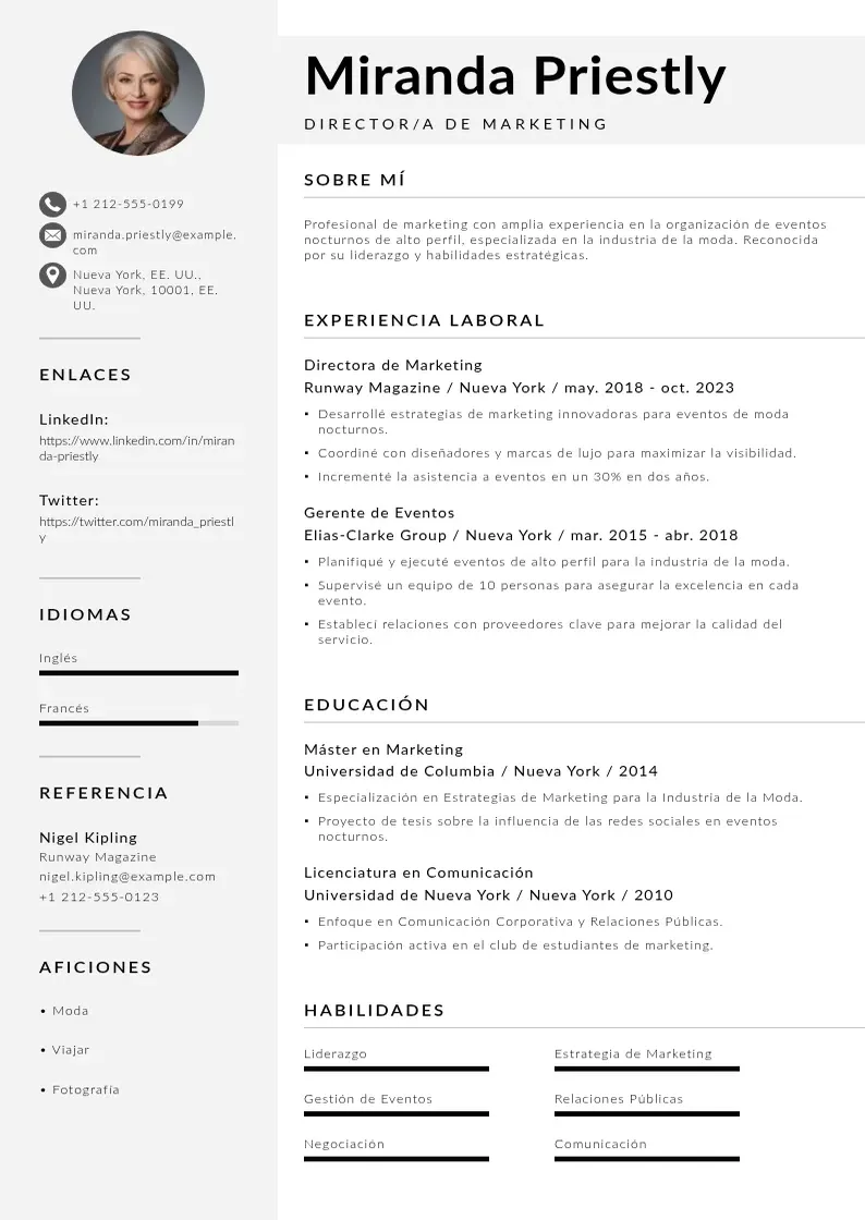 two column directora-de-marketing-para-eventos-nocturnos resume example