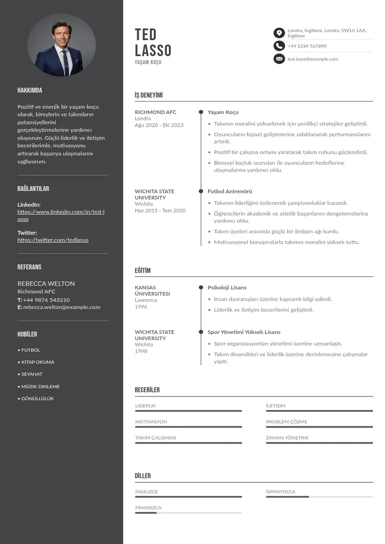 Divu kolonnu Yaşam Koçu  CV piemērs