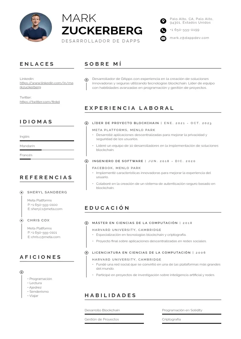two column desarrollador-de-dapps-aplicaciones-descentralizadas resume example