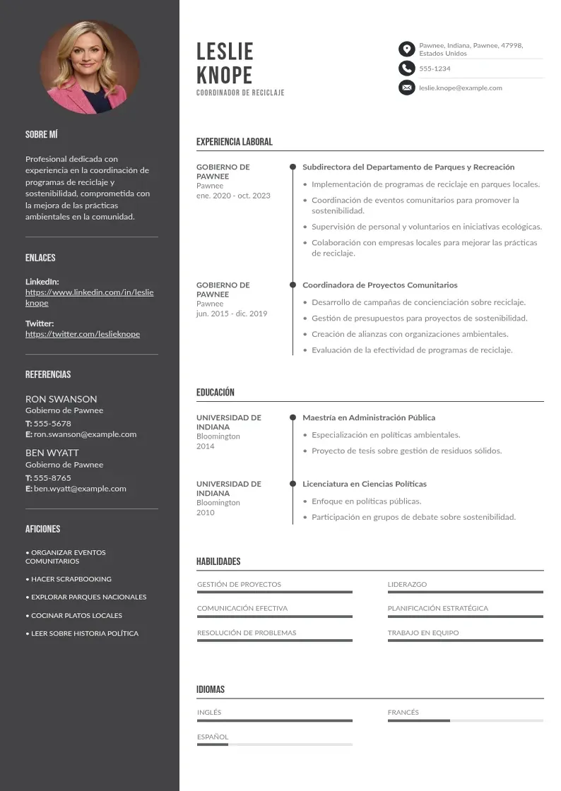 two column coordinador-de-reciclaje resume example
