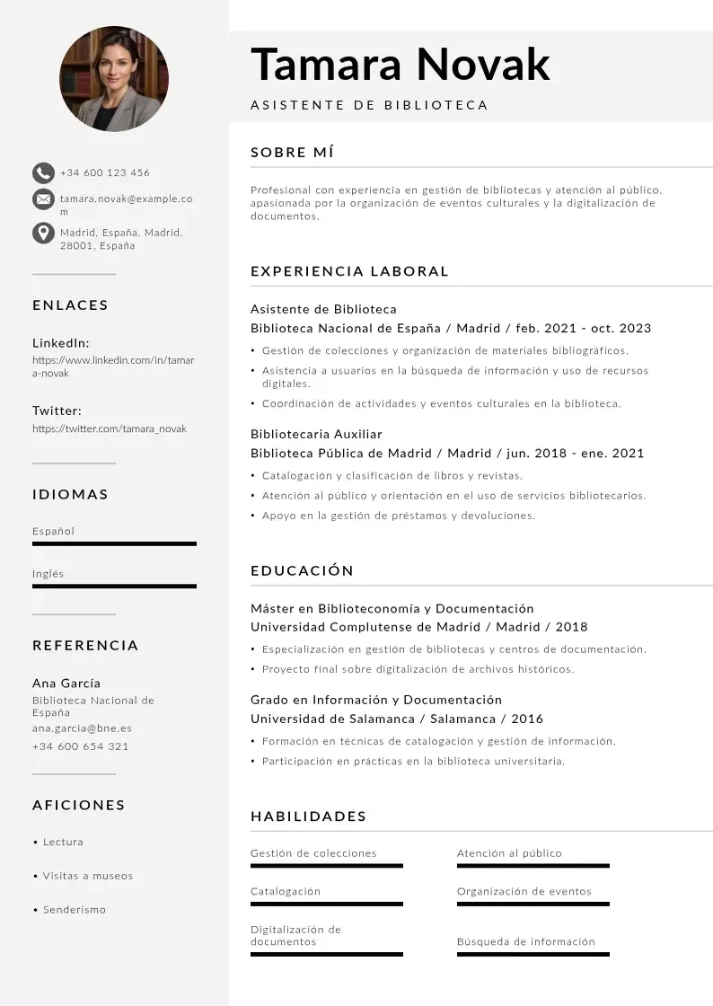 two column cv-asistente-de-biblioteca resume example