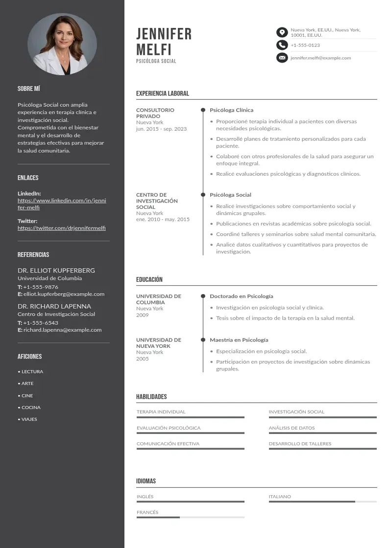 two column psicologoa-social resume example