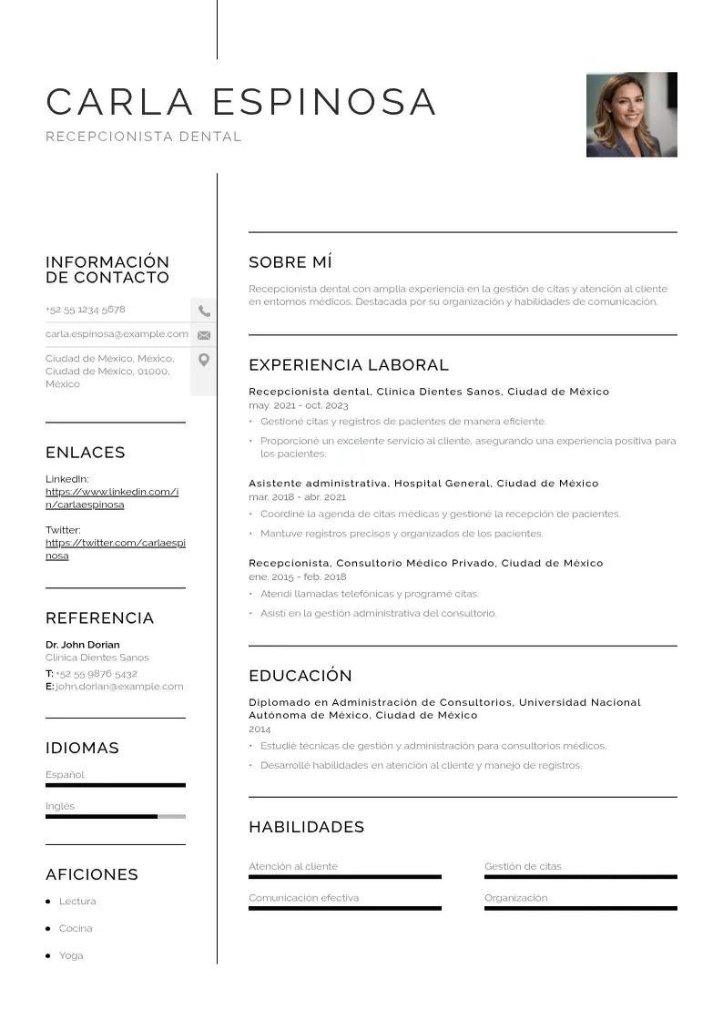 two column cv-recepcionista-dental resume example