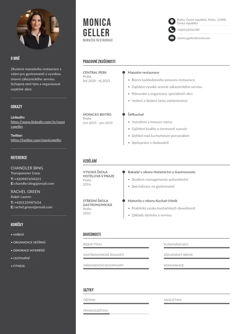 Divu kolonnu Manazer restaurace  CV piemērs