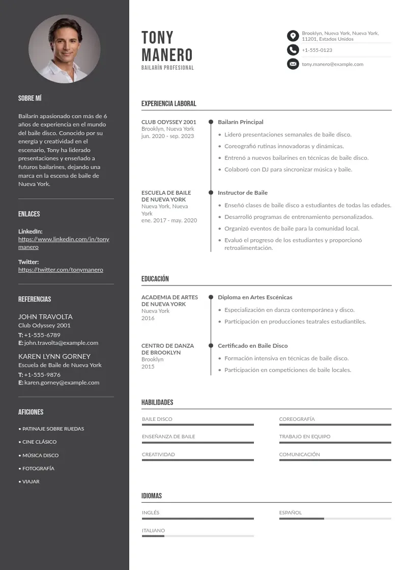 two column curriculum-de-bailarin resume example
